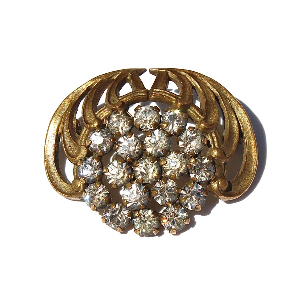 Antique Glass Rhinestone Cluster Brass Brooch Vintage Art Deco Pin C Clasp